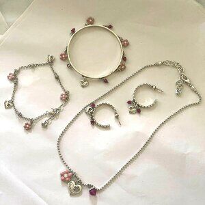 Brighton Jewelry Set Flourish W/ Pink Flowers & Hearts Necklace Bracelet Earring